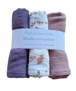 Muslin tetra pelene, 3 komada ljubičasta, cvjetna i roza